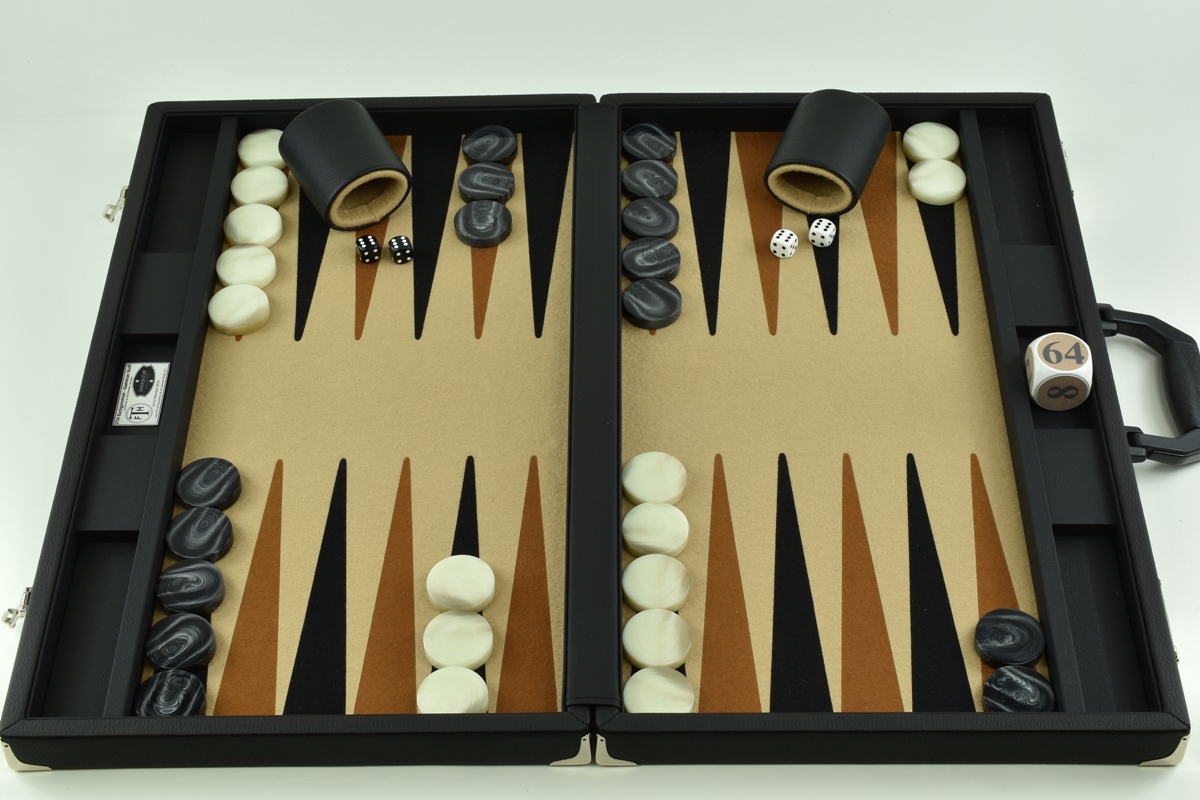 Sand/Brown/Black FTH Tournament Size Backgammon Board. 45mm Checkers.